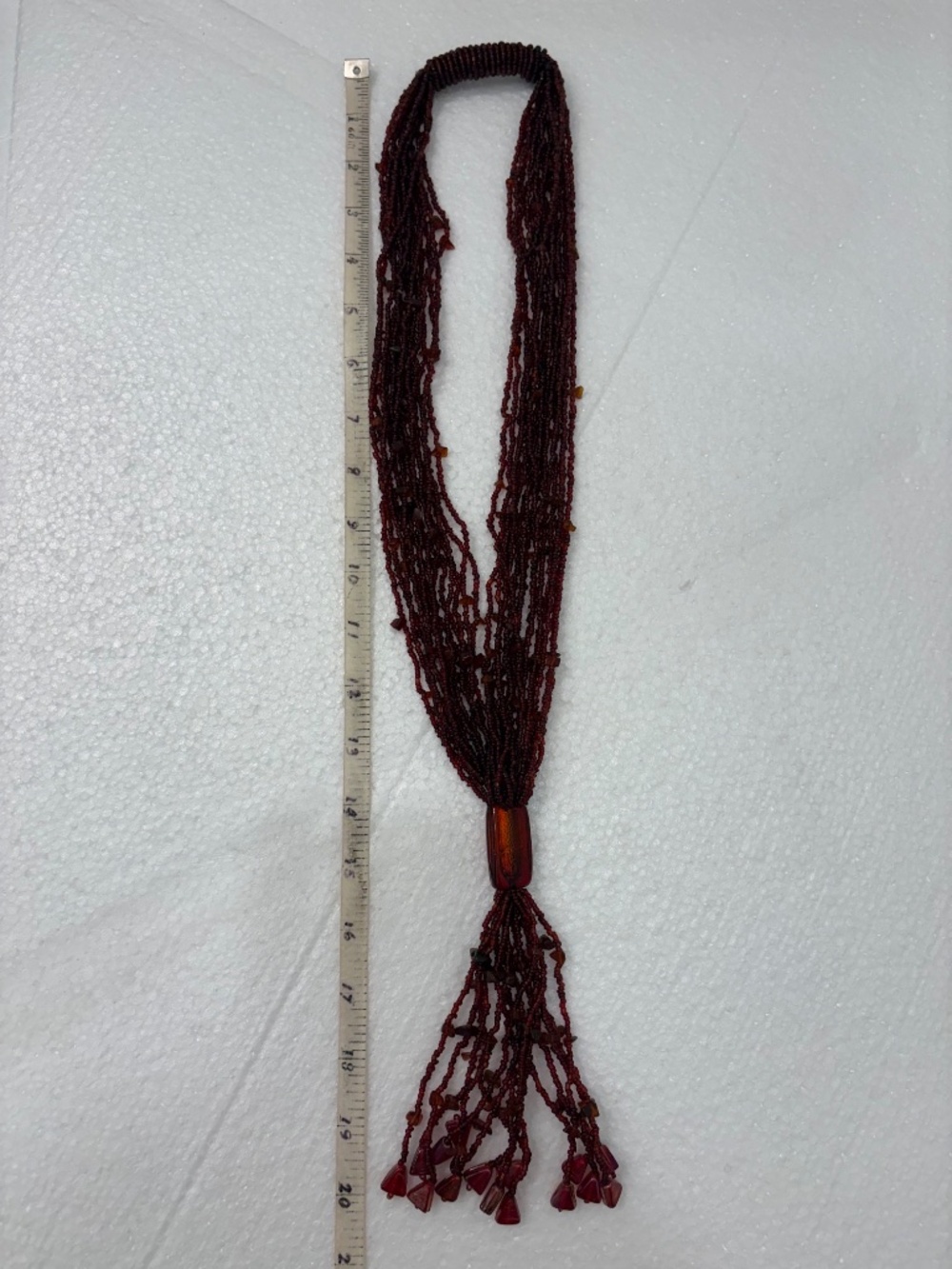 Merlot Seed Bead Tasseled Necklace; 20" Length